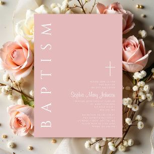 Invitation Moderne Élégant Blush Pink Cross Girl Baptême