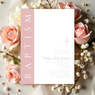 Invitation Moderne Élégant Blush Pink Cross Girl Baptême