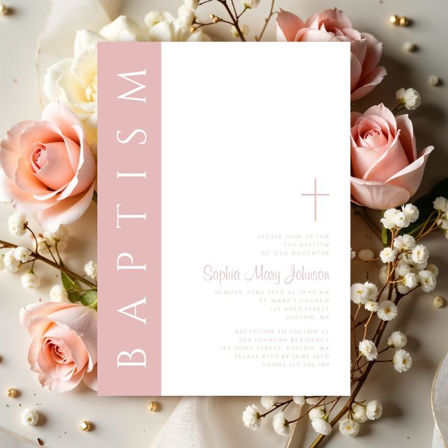 Invitation Moderne Élégant Blush Pink Cross Girl Baptême (Modern Elegant Blush Pink Cross Girl Baptism Invitation)