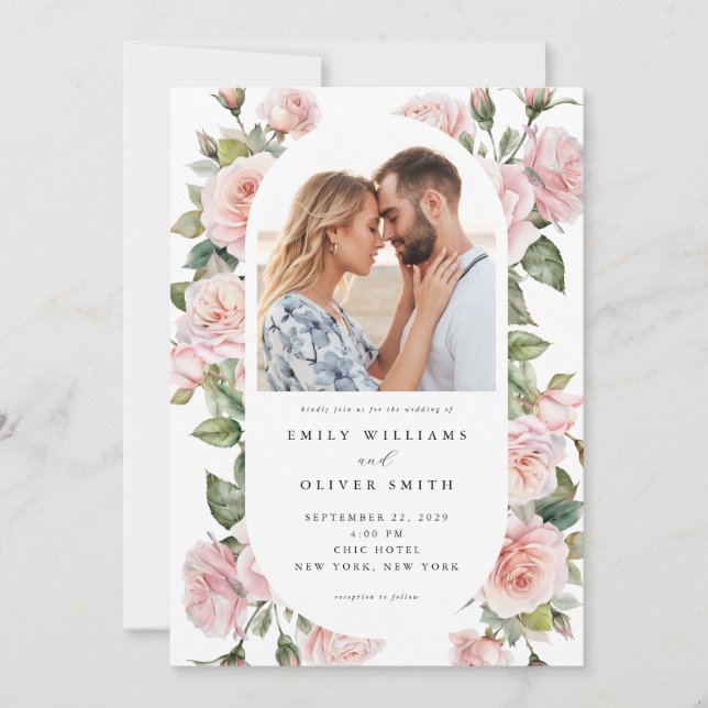Invitation Moderne Elegant Blush Rose Floral Photo Mariage (Devant)