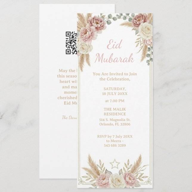 Invitation Moderne Élégant Boho Floral Eid Moubarak Numérique (Devant / Derrière)