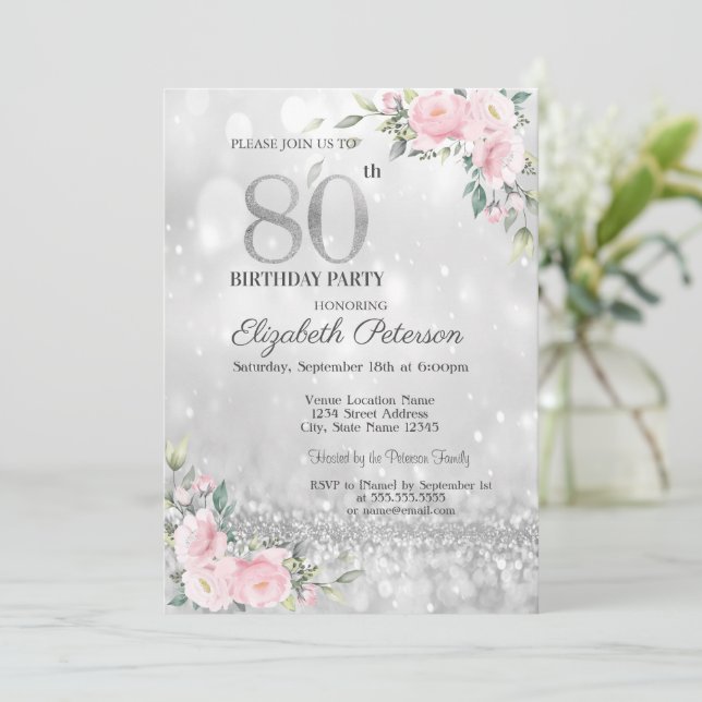 Invitation Moderne Elégant Bokeh Floral 80e anniversaire (Debout devant)