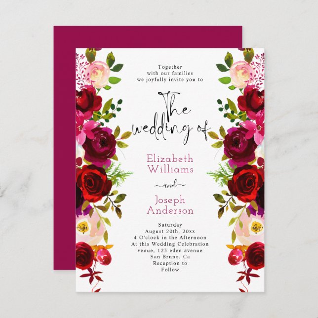 Invitation Moderne Elégant Bourgogne Floral Rose Mariage rose (Devant / Derrière)