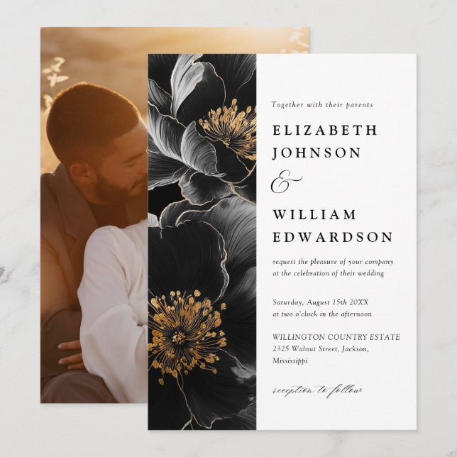 Invitation Moderne Elegant Chic Botanique Floral Mariage Phot (Devant / Derrière)