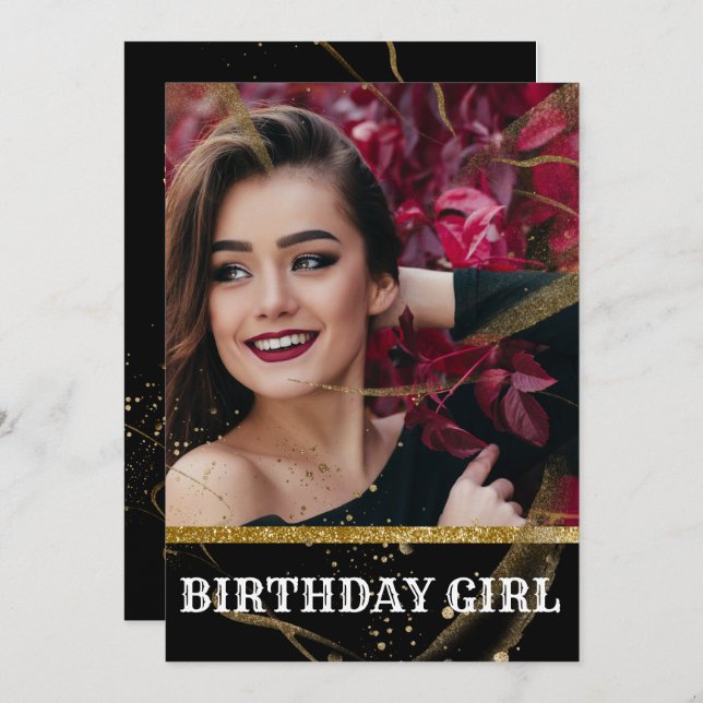 Invitation Moderne élégant chic noir et or doux 16 (Devant / Derrière)