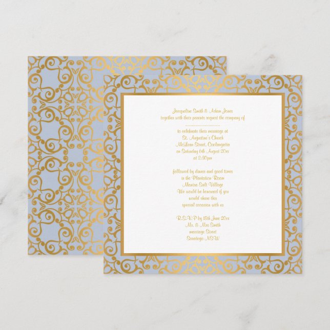 INVITATION MODERNE ÉLÉGANT CORNFLOWER BLUE OR MARIAGE (Devant / Derrière)