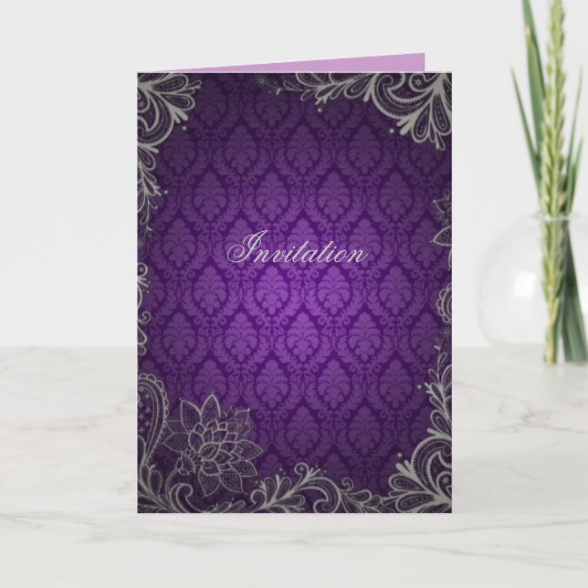 Invitation moderne élégant damask violet mariage (Devant)