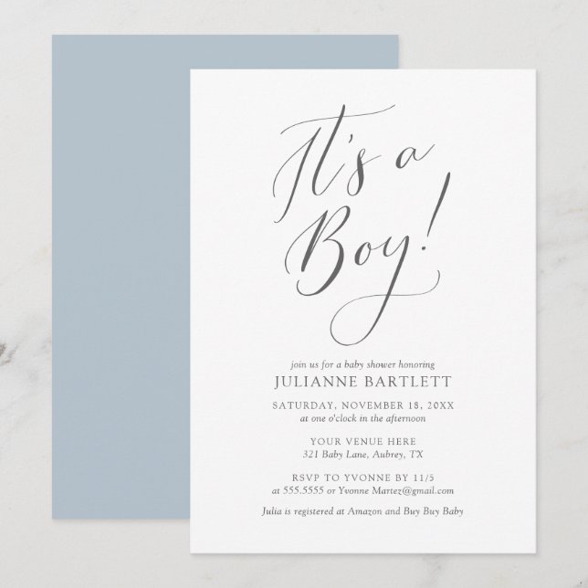 Invitation Moderne Elegant Dusty Blue C'est un Baby shower ga (Devant / Derrière)
