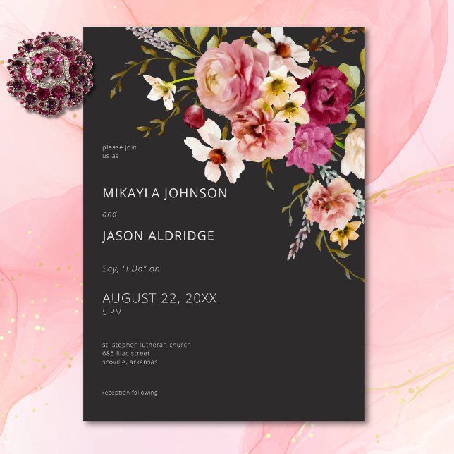 Invitation Moderne Elégant été prairie floral noir Mariage (Modern Elegant Summer Meadow Floral Black Wedding Invitation)