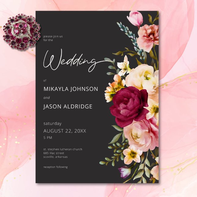 Invitation Moderne Elégant été prairie floral noir Mariage (Modern Elegant Summer Meadow Floral Black Wedding Invitation)