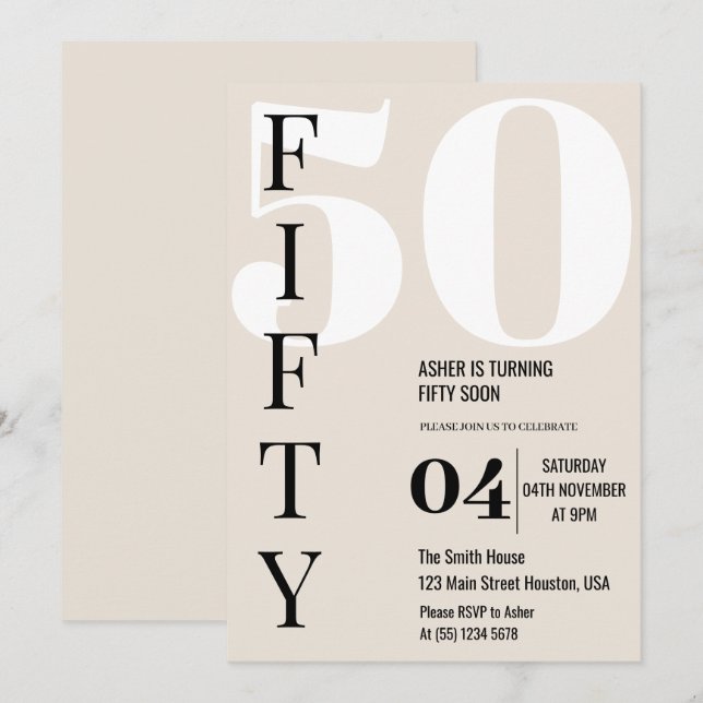 Invitation Moderne Élégant FIFTY 50e Anniversaire (Devant / Derrière)