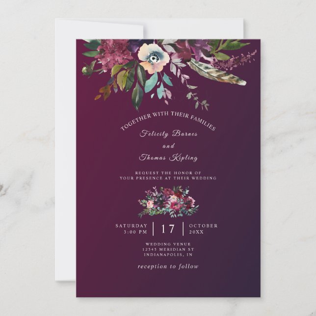 Invitation Moderne Elégant Floral Bourgogne Mariage Washed (Devant)