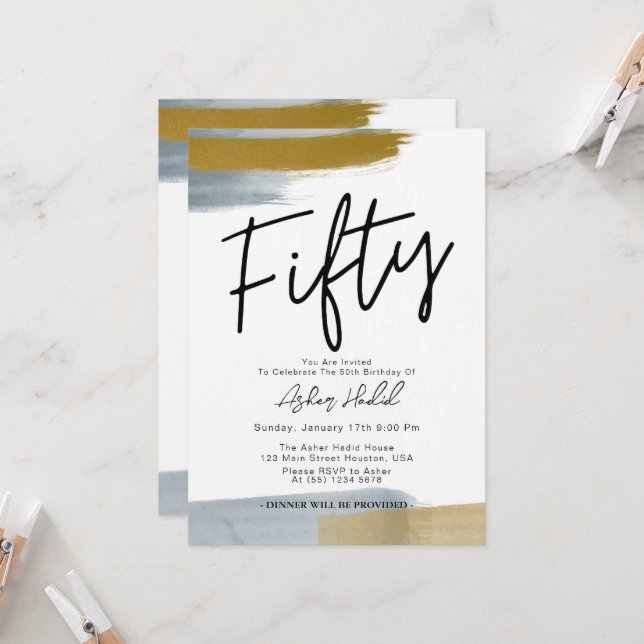 Invitation Moderne Elegant Gold CINQUANTE 50e fête d'annivers (Devant/Arrière en situation)