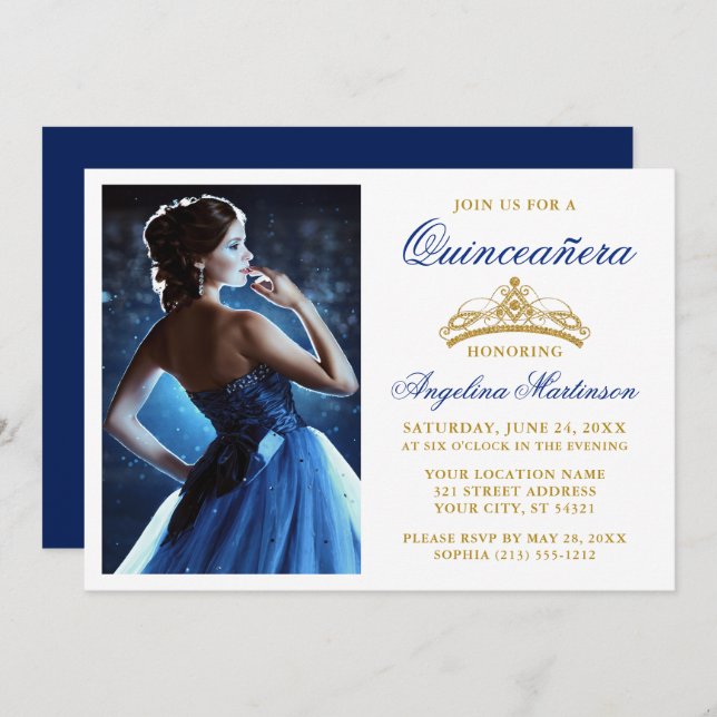 Invitation Moderne Elegant Gold Crown Royal Blue Quinceanera (Devant / Derrière)