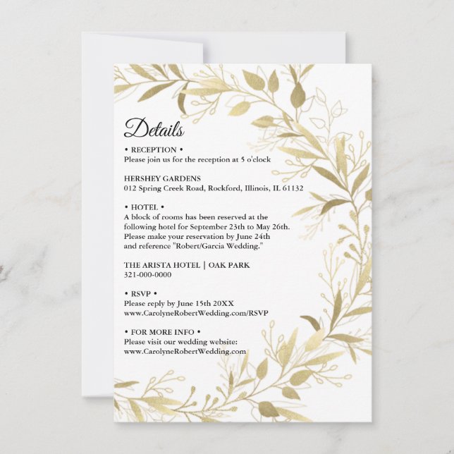 Invitation Moderne Elegant Gold Leaf Détails Mariage Invitati (Devant)
