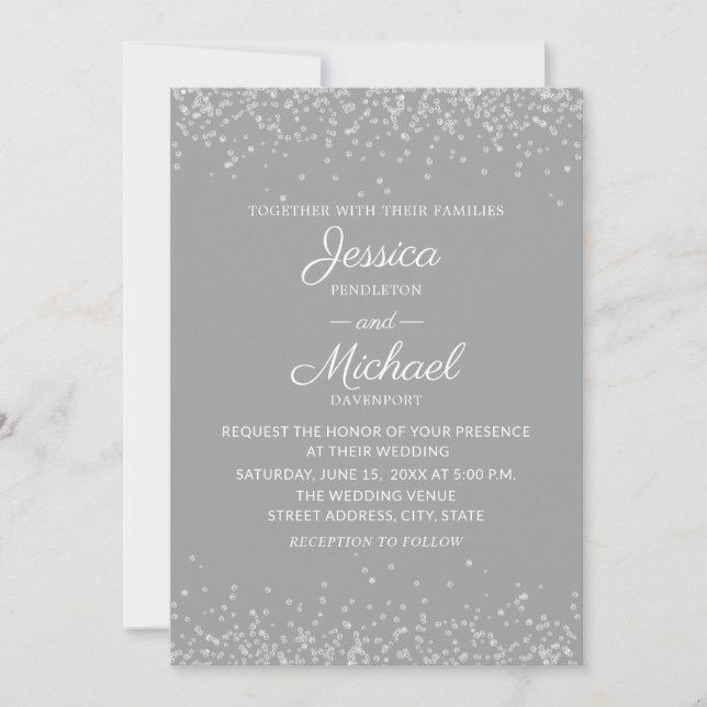 Invitation Moderne Elegant Grey et Mariage Parties scintillan (Devant)