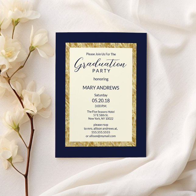 Invitation Moderne élégant ivoire marine bleu or Graduation (Modern elegant ivory navy blue gold Graduation )
