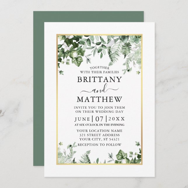 Invitation Moderne Elégant Ivy Ferns Sage Green Gold Mariage (Devant / Derrière)