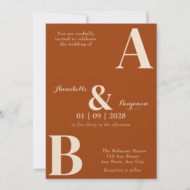 Invitation Moderne Élégant Mariage orange brûlé initial (Devant)