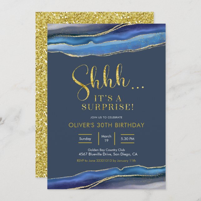 Invitation Moderne Elégant Marine Blue Agate Surprise Anniver (Devant / Derrière)