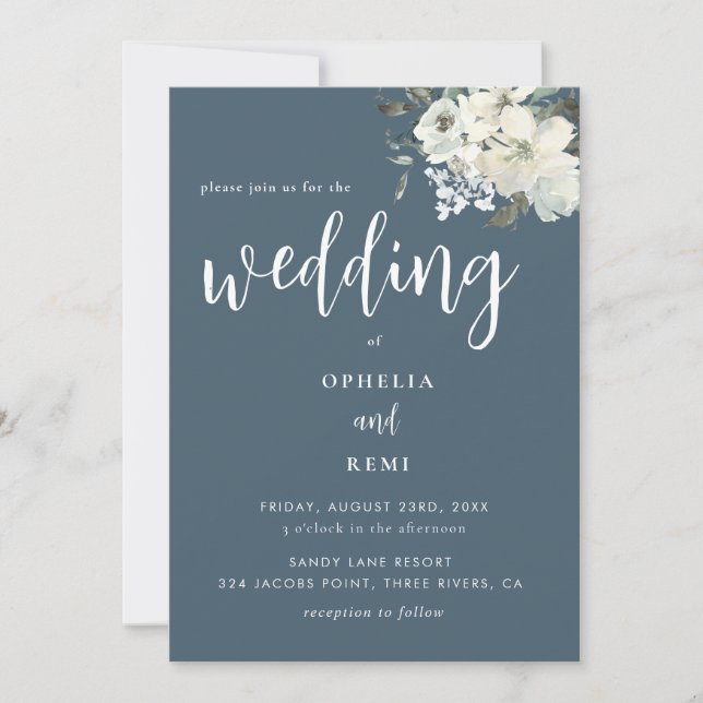 Invitation Moderne Elegant Marine Blue Ivory Floral Mariage (Devant)