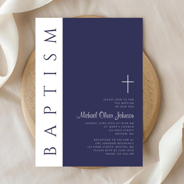 Invitation Moderne Elegant Marine Croix Bleue Baptême (Modern Elegant Navy Blue Cross Baptism Invitation)