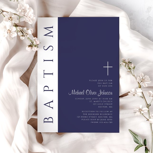 Invitation Moderne Elegant Marine Croix Bleue Baptême (Modern Elegant Navy Blue Cross Baptism Invitation)