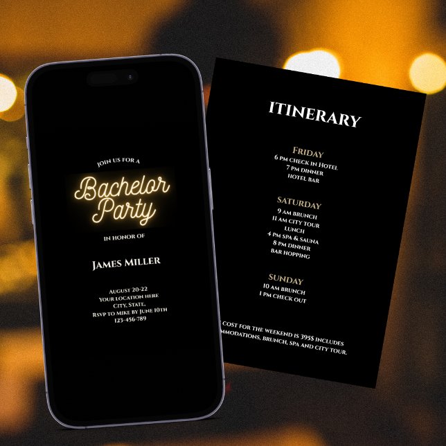 Invitation Moderne élégant Noir Blanc Or Bachelor Itinéraire (modern stylish bachelor party invitation weekend itinerary black gold neon sign script)