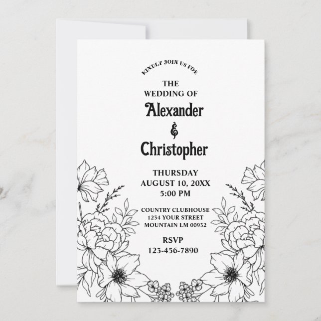 Invitation Moderne Elégant noir Botanique Mariage floral (Devant)