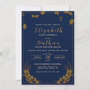 Invitation Moderne Elegant or Floral Mariage bleu marine
