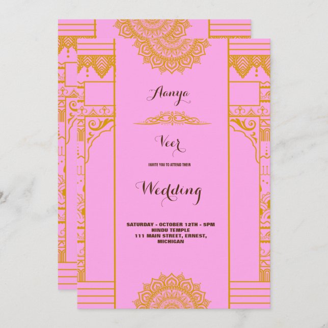 Invitation moderne Elegant or mandala Mariage rose (Devant / Derrière)
