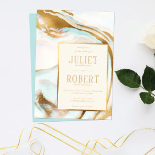 Invitation Moderne Elegant or Mint Green Marble Mariage