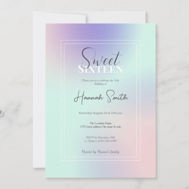 Invitation Moderne Elégant Pastel Rose Mint Purple Gradient (Devant)