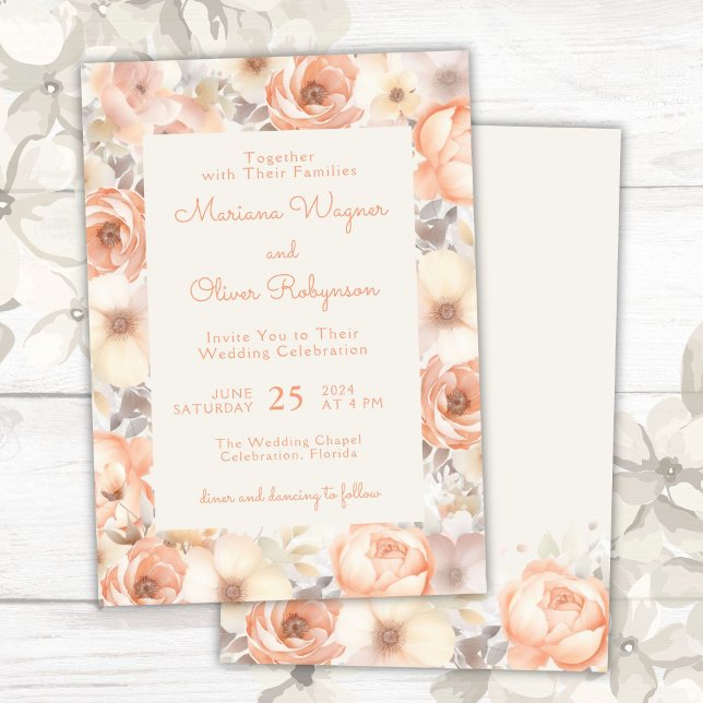 Invitation Moderne Elégant Pêche Beige Floral Mariage (Créateur téléchargé)