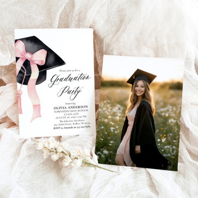Invitation Moderne Elégant Pink Bow Graduation Cap Graduation (Watercolor Modern Elegant Trendy Stylish Pink Bow Graduation Invitation)