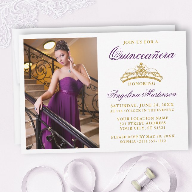 Invitation Moderne Elegant Purple Gold Crown Photo Quinceaner (Customize to change text size, style, color or to add text or more photos to back of card.)