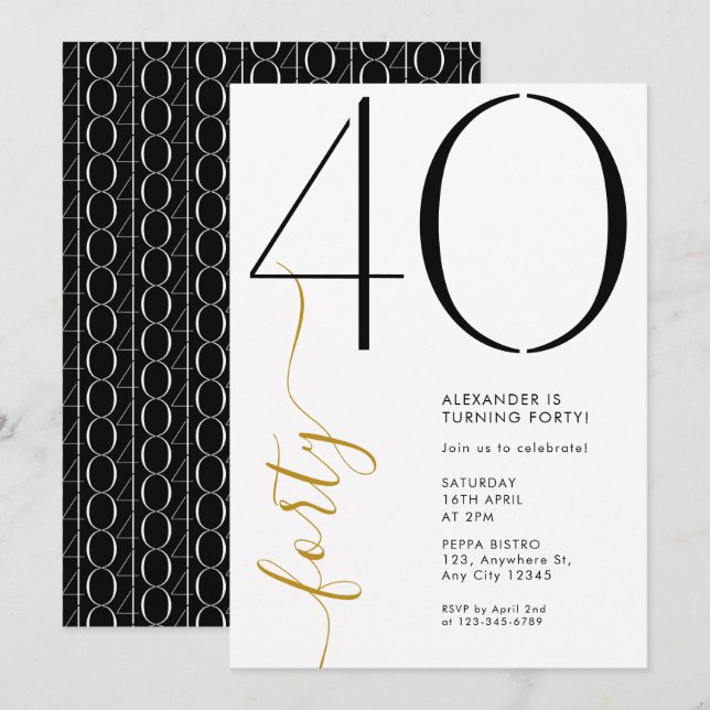 Invitation Moderne Élégant Quarante Noir Blanc 40e Anniversai (Devant / Derrière)