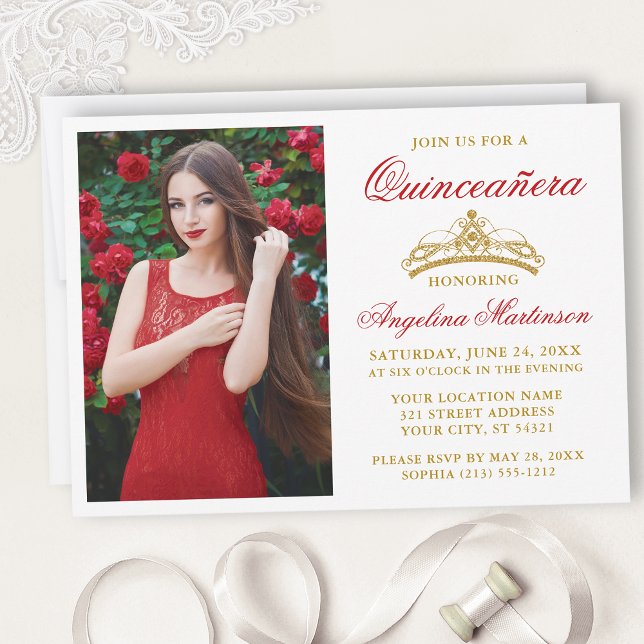 Invitation Moderne Elegant Red Gold Crown Photo Quinceanera (Customize to change text size, style, color or to add text or more photos to back of card.)