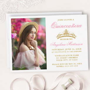 Invitation Moderne Elegant rose or Couronne photo Quinceanera