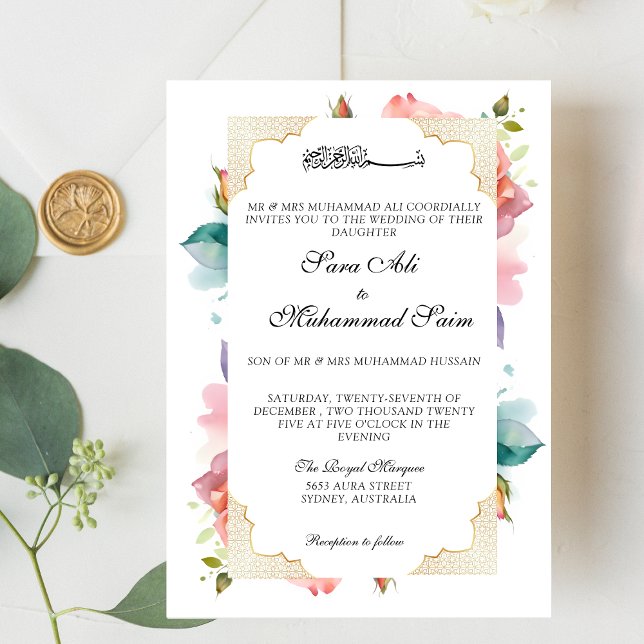 Invitation Moderne Elégant rose rose rose floral Nikah musulm (Créateur téléchargé)
