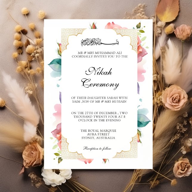 Invitation Moderne Elégant rose rose rose floral Nikah musulm (Créateur téléchargé)
