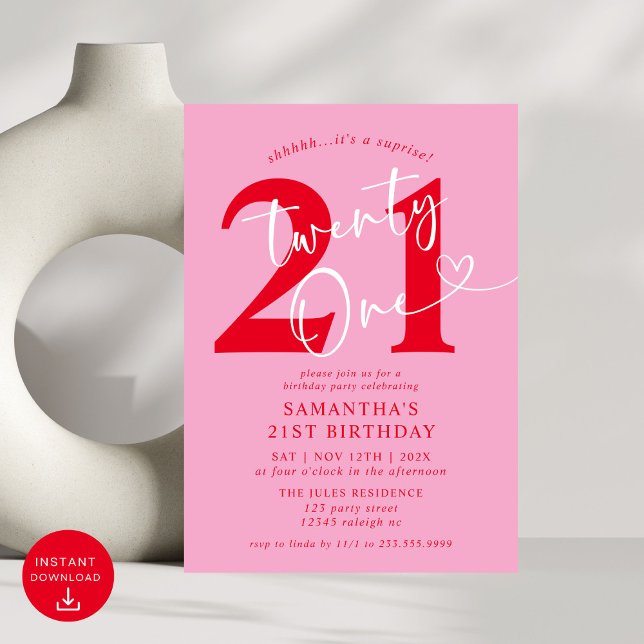 Invitation Moderne Elegant Rose Rouge 21ème anniversaire (Créateur téléchargé)