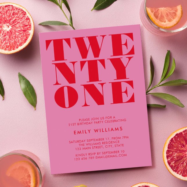 Invitation Moderne Elégant rose rouge gras 21e anniversaire (Créateur téléchargé)