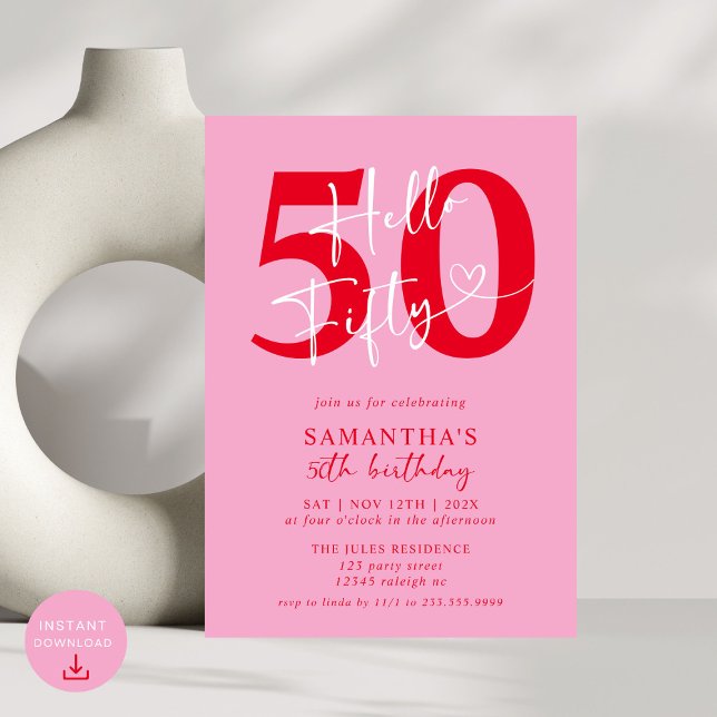Invitation Moderne Elegant Rose Rouge Hello 50e fête d'annive (Créateur téléchargé)
