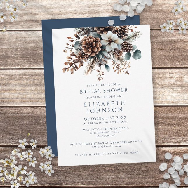 Invitation Moderne Élégant Rustique Forêt Florale Fête des ma (Modern Elegant Winter Floral Forest Bridal Shower Invitation)