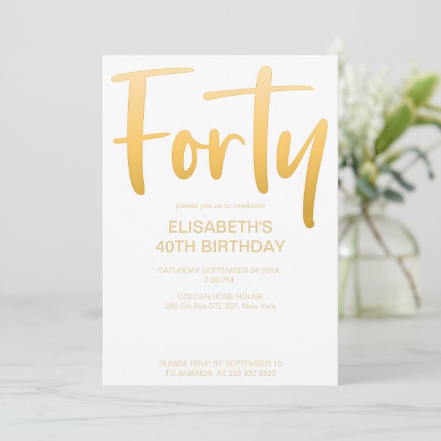 Invitation Moderne Elégant Simple Blanc 40e Anniversaire (Debout devant)