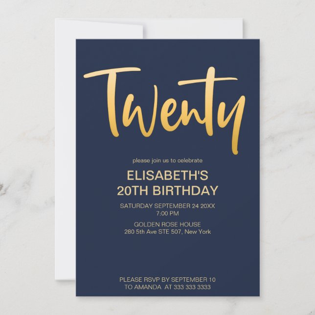 Invitation Moderne Elégant Simple Navy Blue 20 Anniversaire (Devant)