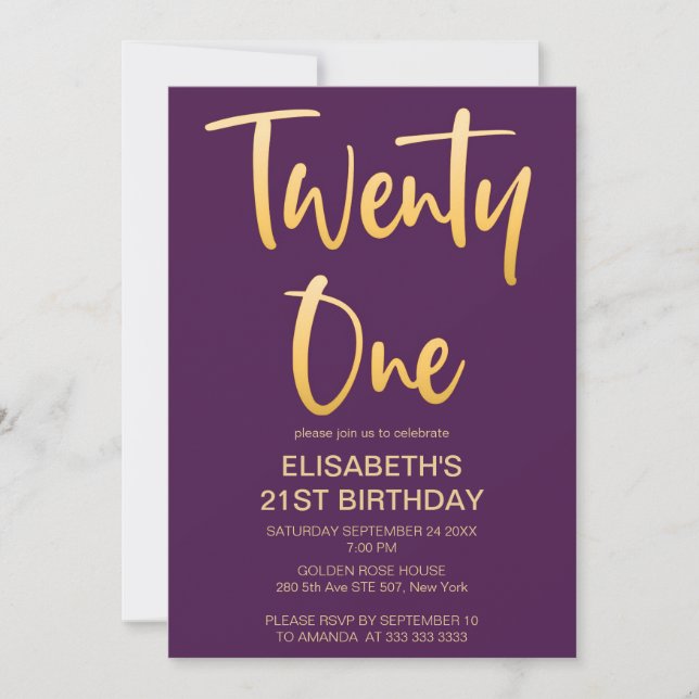 Invitation Moderne Elégant Simple Purple 21E Anniversaire Fêt (Devant)