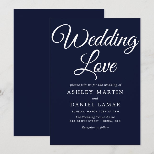 Invitation Moderne Elegant Simple Script Marine & Mariage bla (Devant / Derrière)
