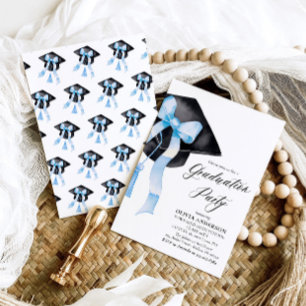 Invitation Moderne Elégant tendance Stylish Bleu Bow Graduati